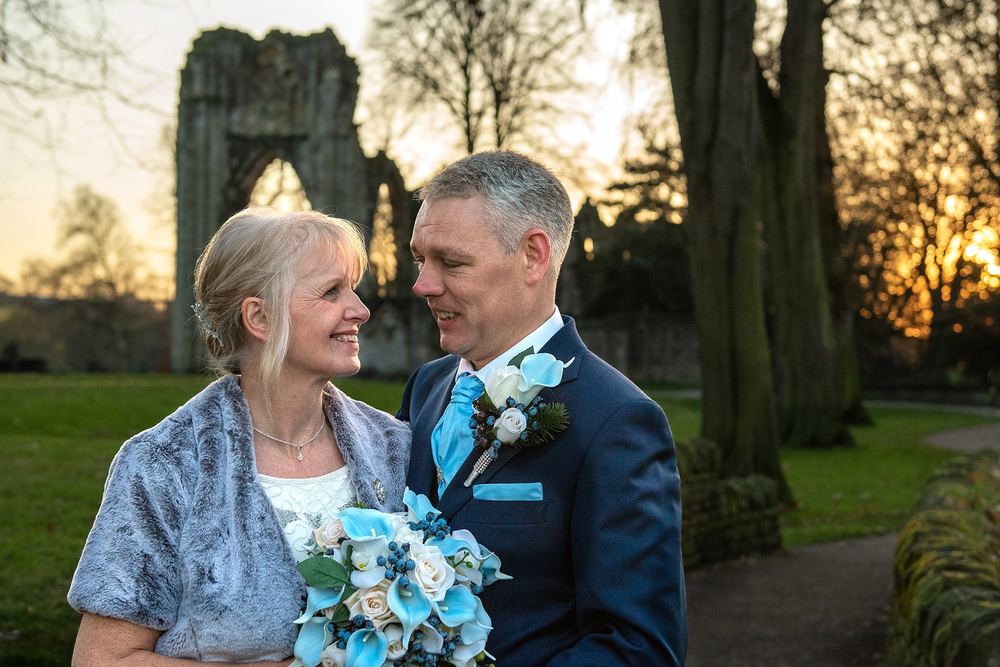 A sunset photo of Wendy & Barry after their wedding at Bedern Hall.