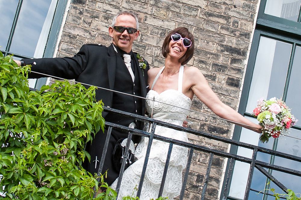 Murray & Jess pose on the balcony at The Grange Hotel, York.
