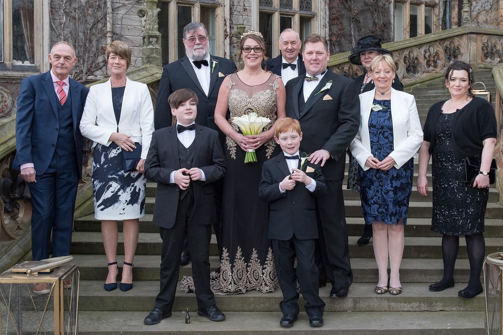 A formal group shot at Vicky & Dan's wedding at Carlton Towers, near Goole.