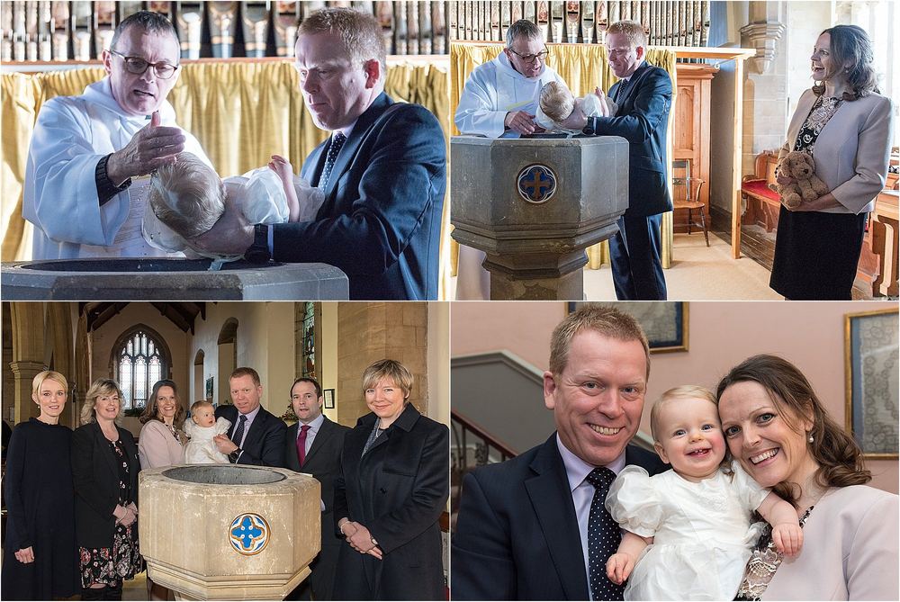 A christening day montage — the vicar, the parents, and the baby.