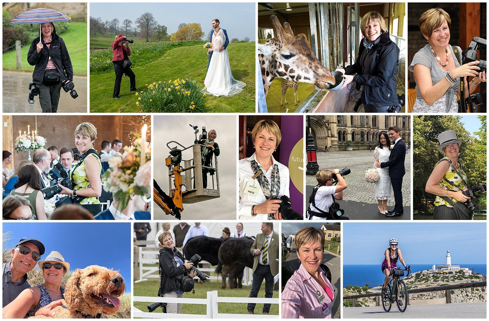 A montage of Kate Mallender at work: at weddings, in the rain, up on a cherry picker, with a giraffe, with cattle at the Great Yorkshire Show, riding a bike in Mallorca and with her husband and dog